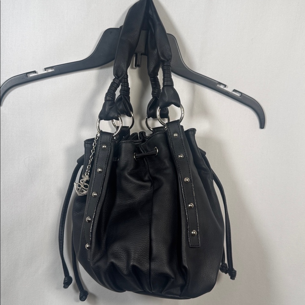 Black Drawstring Hobo Bag with Stud Accents